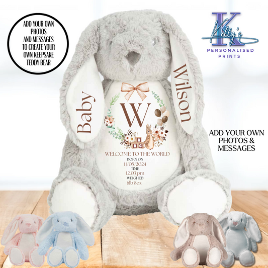 Personalised New Baby Bunny Teddy Bear Welcome to the world