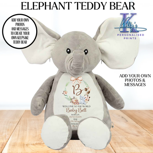 Personalised New baby Elephant teddy bear welcome to the world