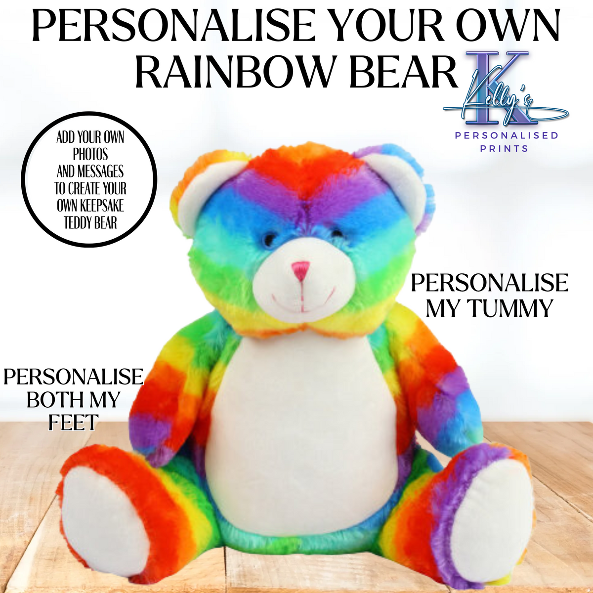 Personalised rainbow teddy bear