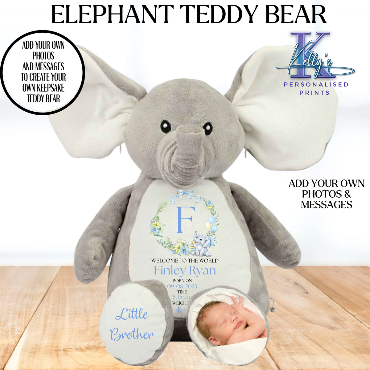 Personalised New baby Elephant teddy bear welcome to the world