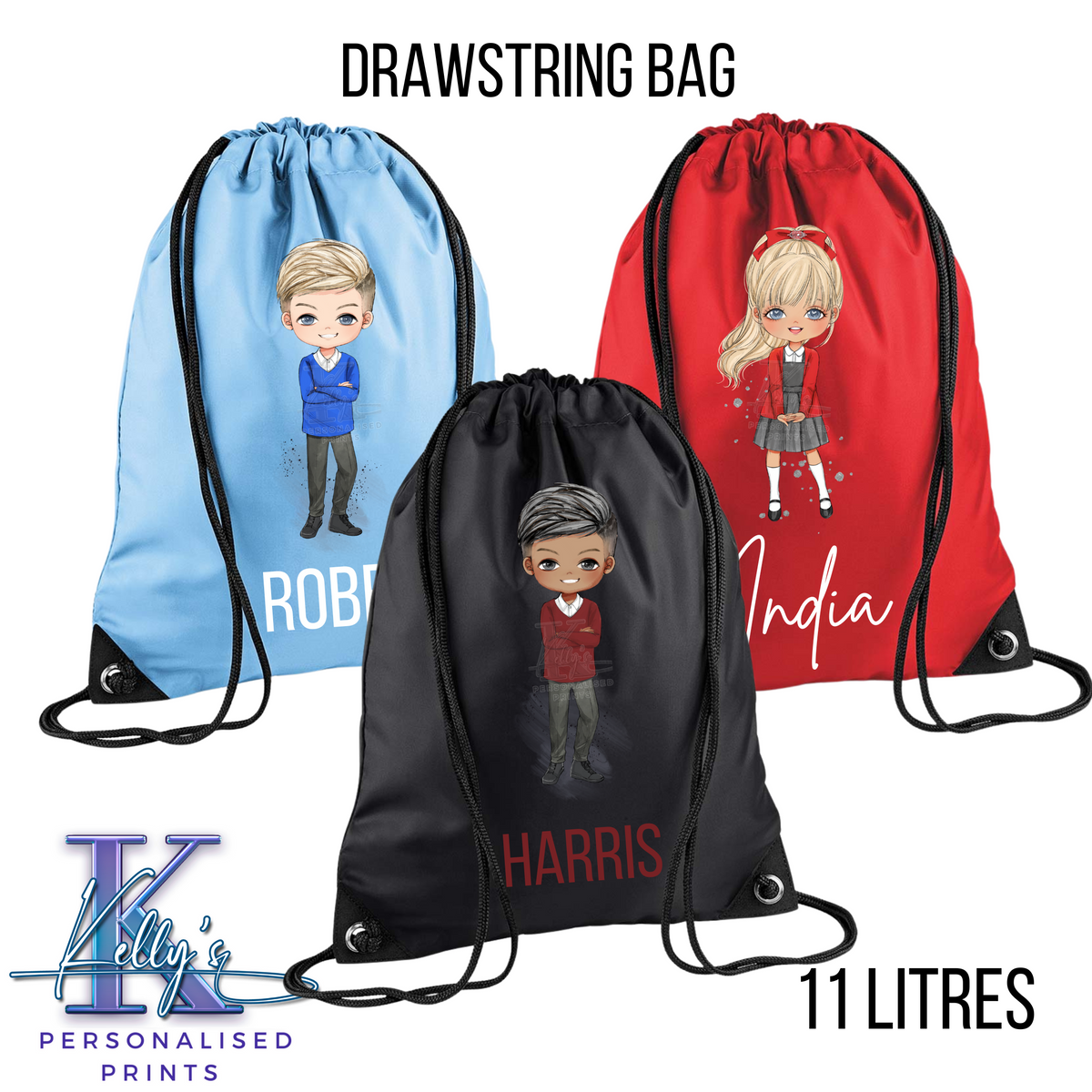 Personalised School Drawstring bag, Personalised P.E Bag, School character Drawstring P.E bag
