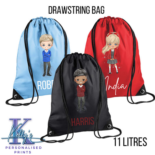 Personalised School Drawstring bag, Personalised P.E Bag, School character Drawstring P.E bag
