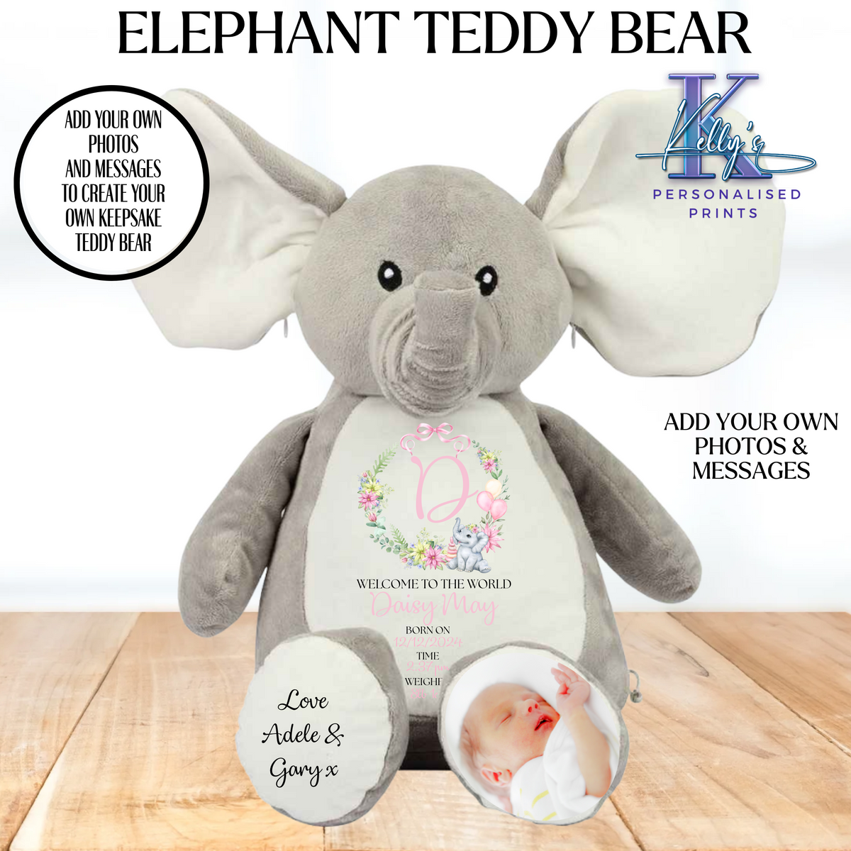 Personalised New baby Elephant teddy bear welcome to the world