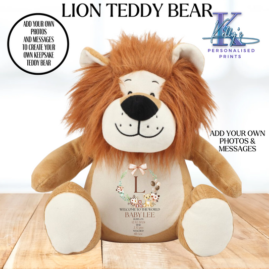 Personalised New baby Lion Teddy Bear welcome to the world